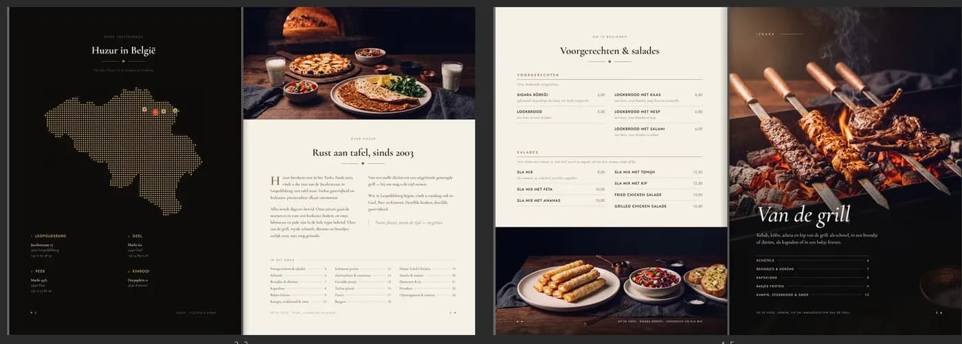 Pages from Huzur's menu book: locations, story, starters and the grill