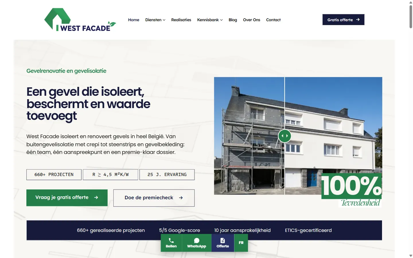 Startpagina van de website van West Facade