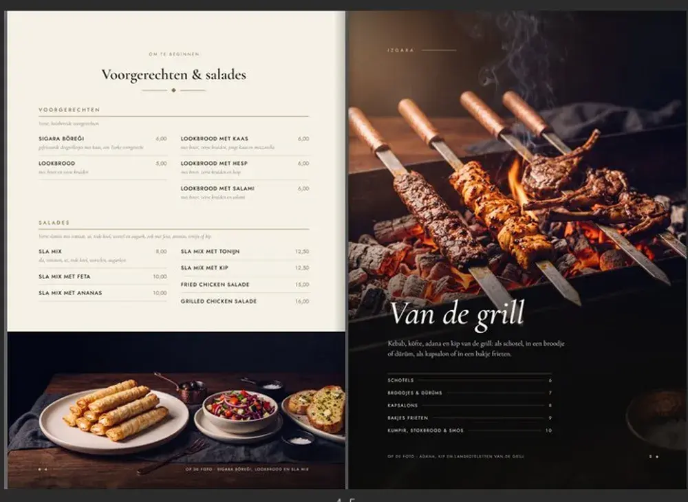 Twee pagina's uit het menuboek van Huzur: voorgerechten en de grill
