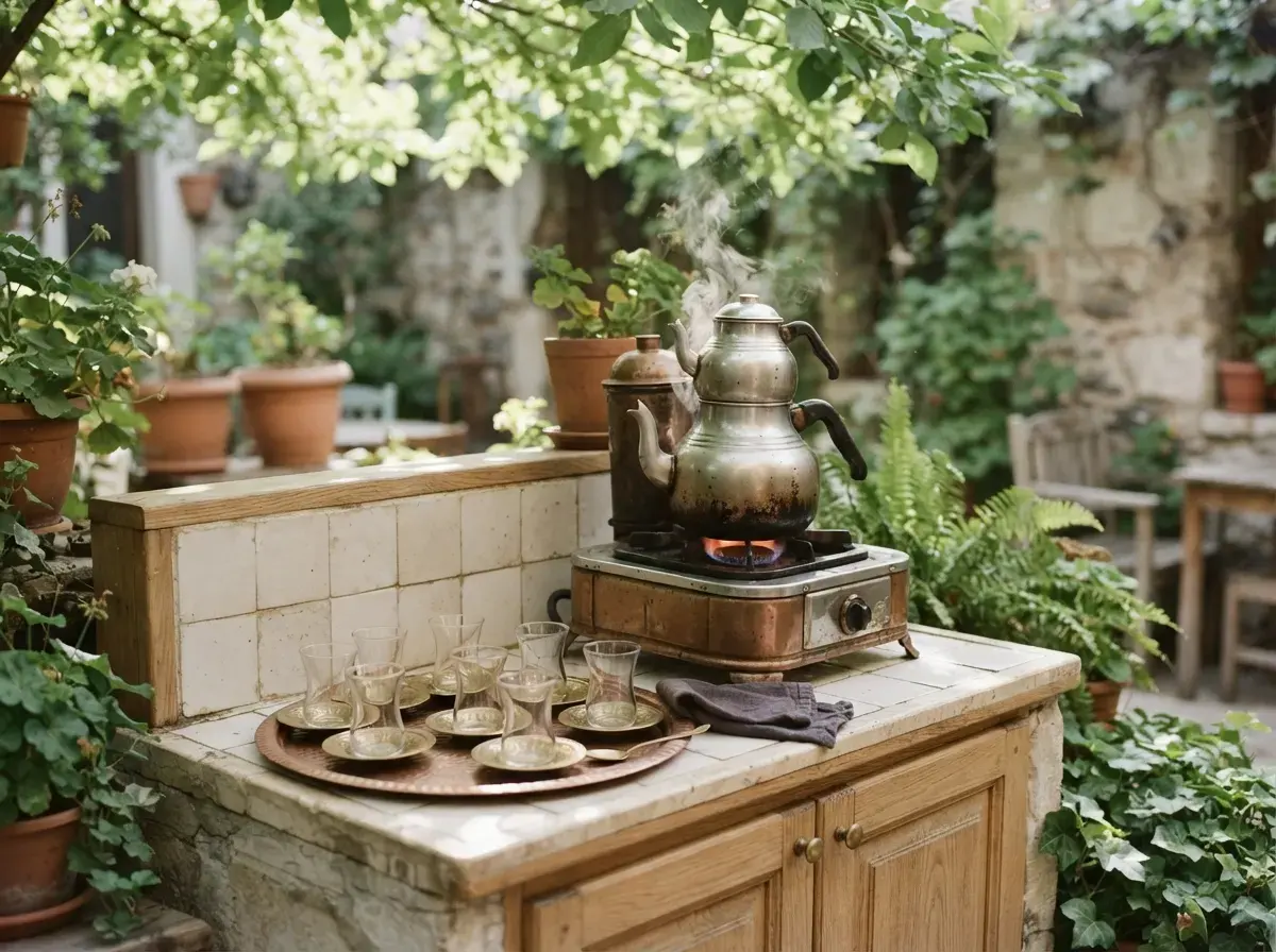 De theeoven van Kivo Garden, vroeg op de dag