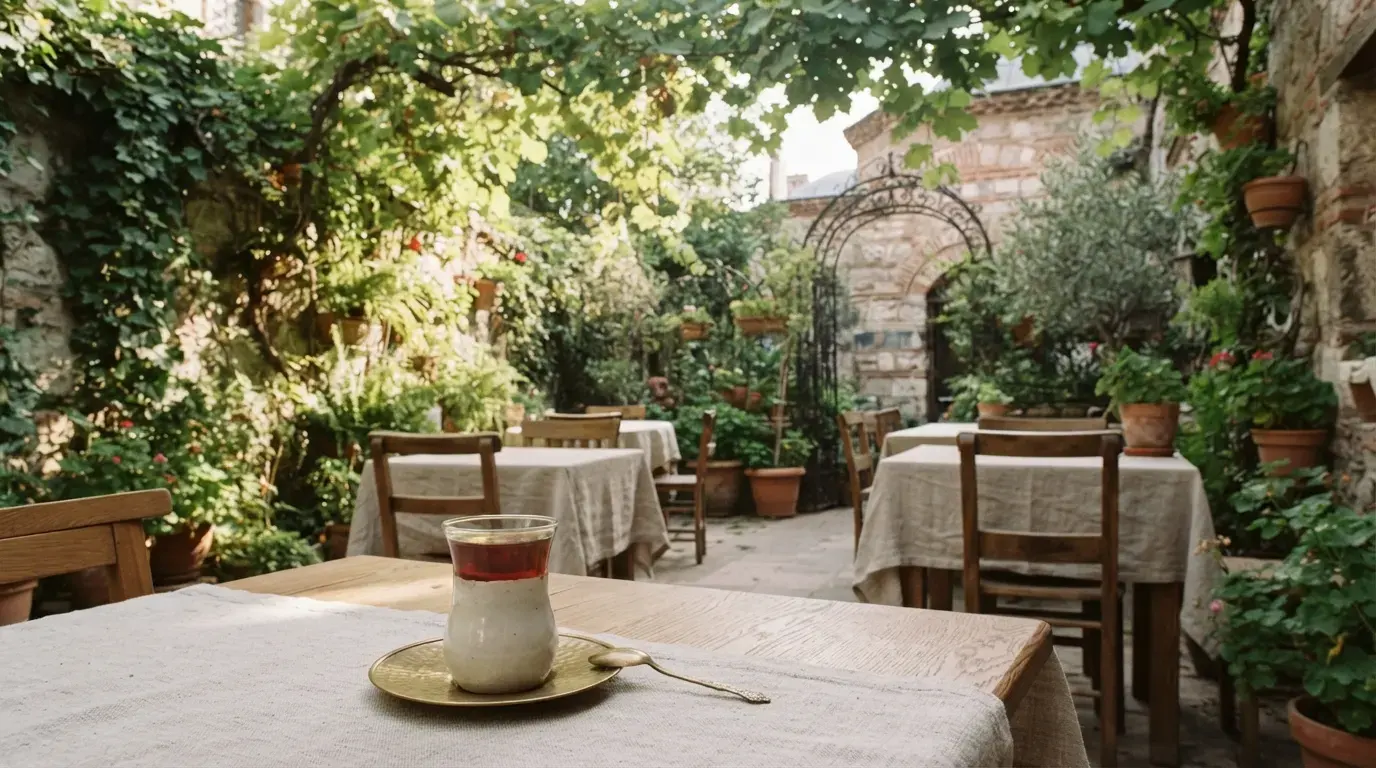 De tuin van Kivo Garden in Üsküdar met een glas thee op tafel