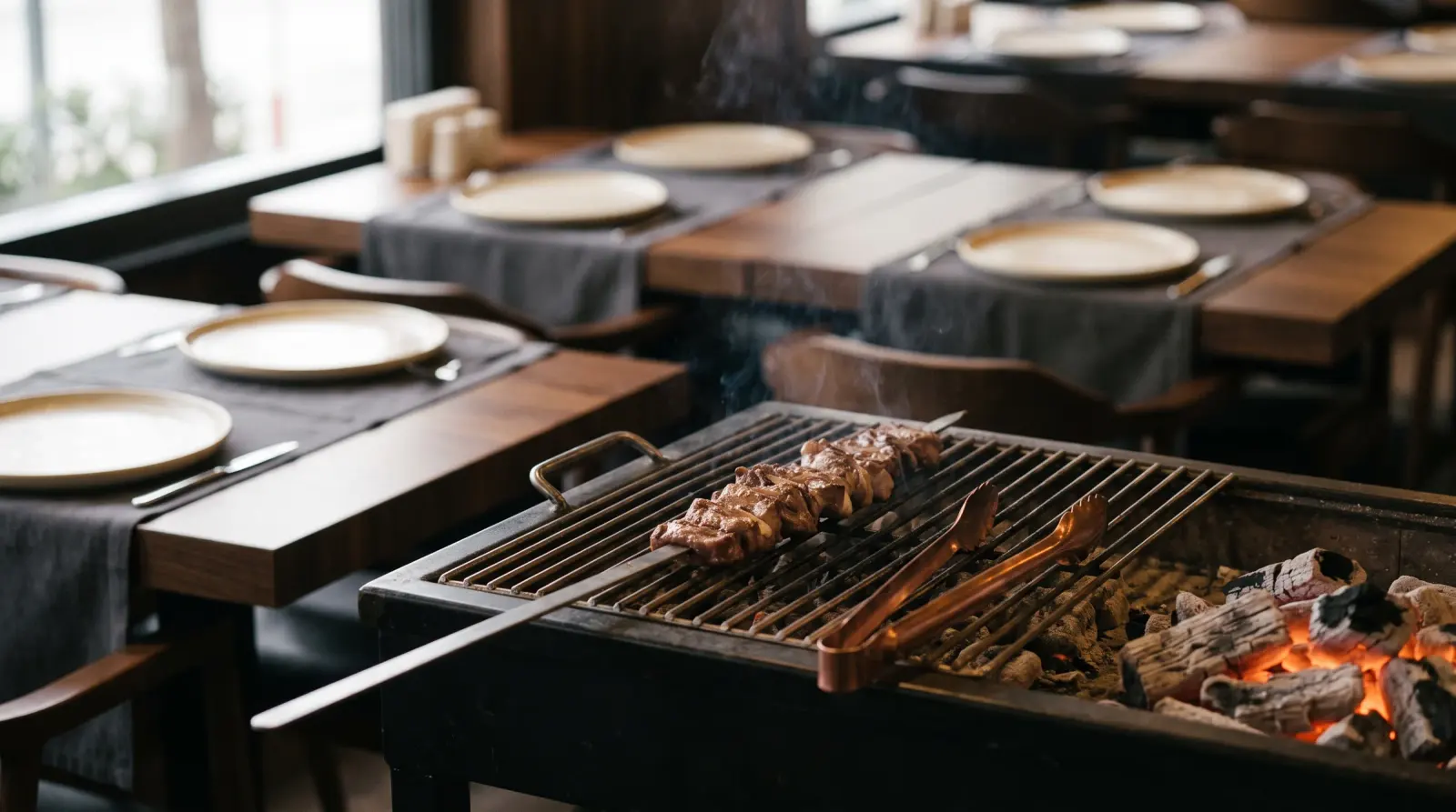 Kebab op de houtskoolgrill met gedekte tafels erachter, bij Muhabbet et in Ataşehir