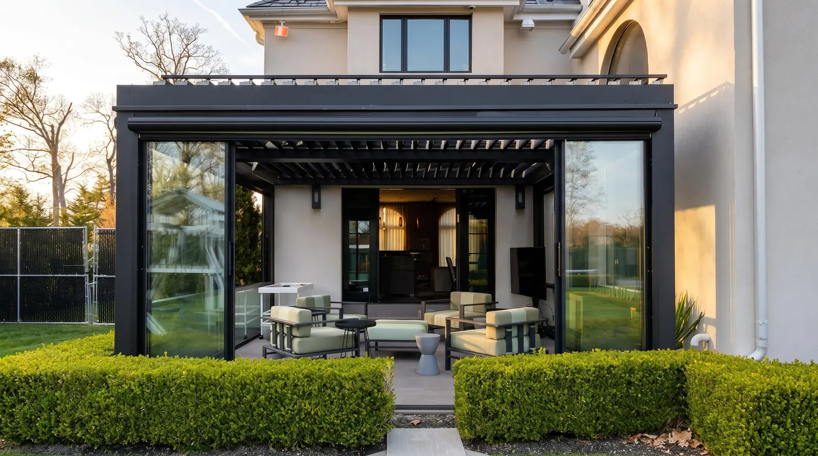Een antraciet bioklimatische pergola met open glaswanden en loungezetels voor een woning, van Pergola Inc