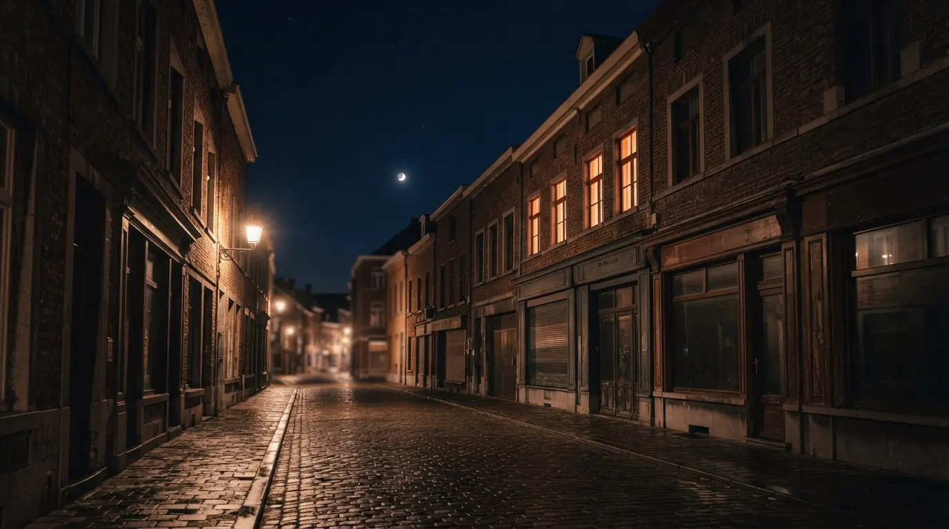 Een stille straat in een Limburgse gemeente 's nachts, in een paar ramen brandt nog licht