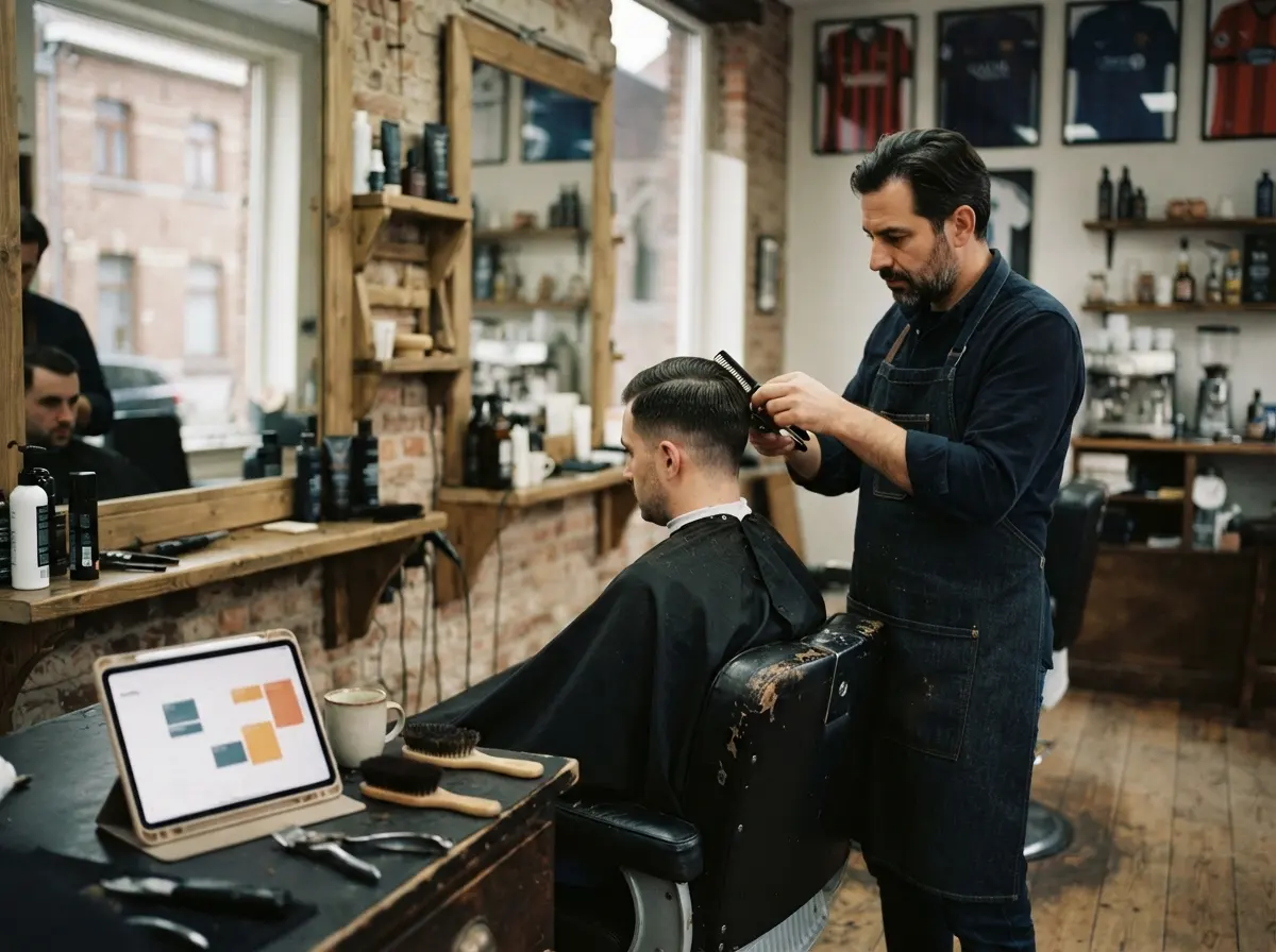 Een kapper aan het werk in een barbershop, met een tablet met de agenda op de toonbank