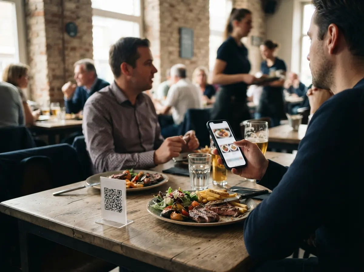 Gasten in een druk restaurant tijdens de middag, met een QR-code op tafel en een gsm in de hand
