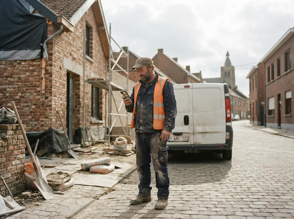 Een bouwvakker op een werf in Limburg kijkt naar zijn gsm, met een witte bestelwagen op de achtergrond