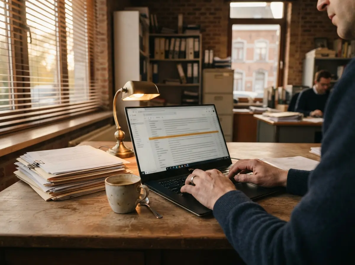 Een bureau van een boekhoudkantoor aan het eind van de dag, met een laptop en ordners