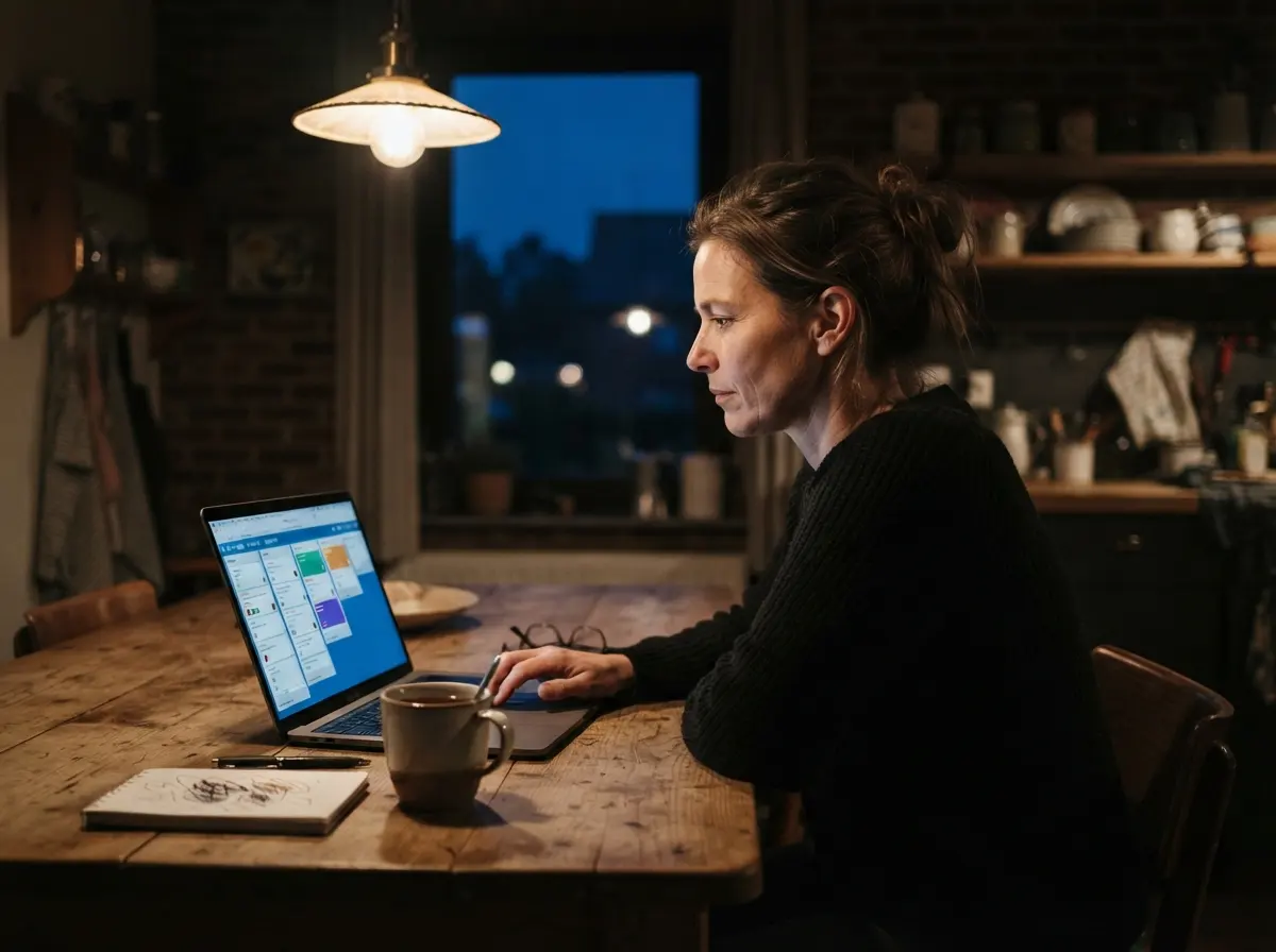 Een ondernemer kijkt 's avonds thuis aan de keukentafel naar het overzicht van zijn zaak op een laptop