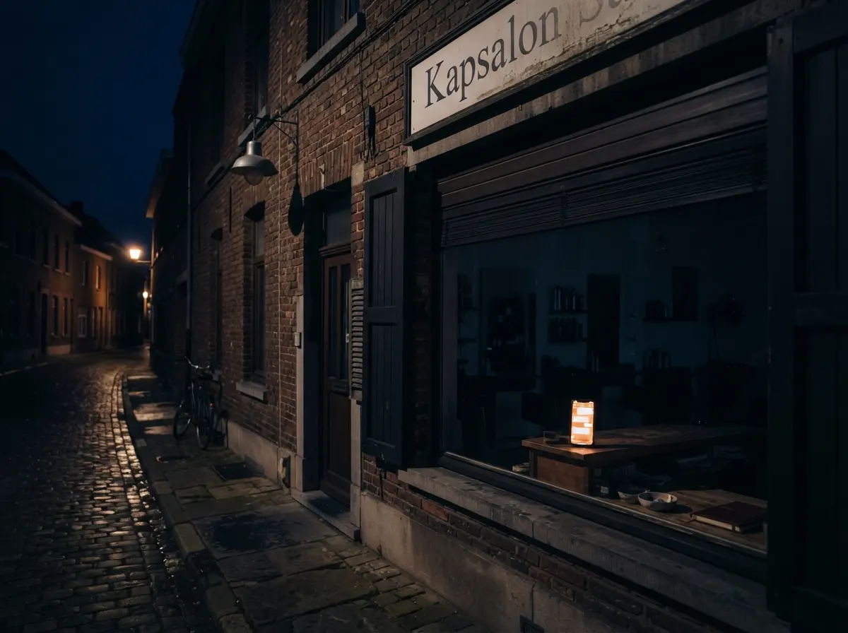 Een gesloten winkel 's nachts, binnen gloeit enkel een gsm met een gesprek