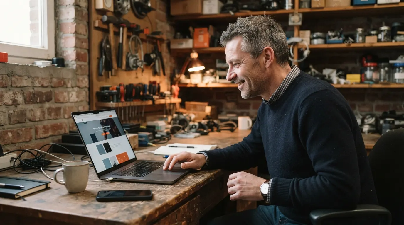Een ondernemer bekijkt de demo van zijn nieuwe website op een laptop