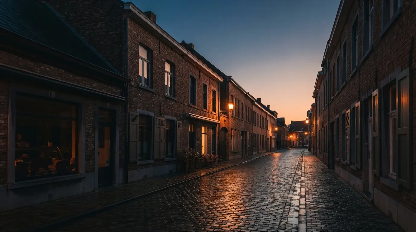 Een winkelstraat in een Limburgse gemeente bij zonsopgang, de eerste lichten gaan aan
