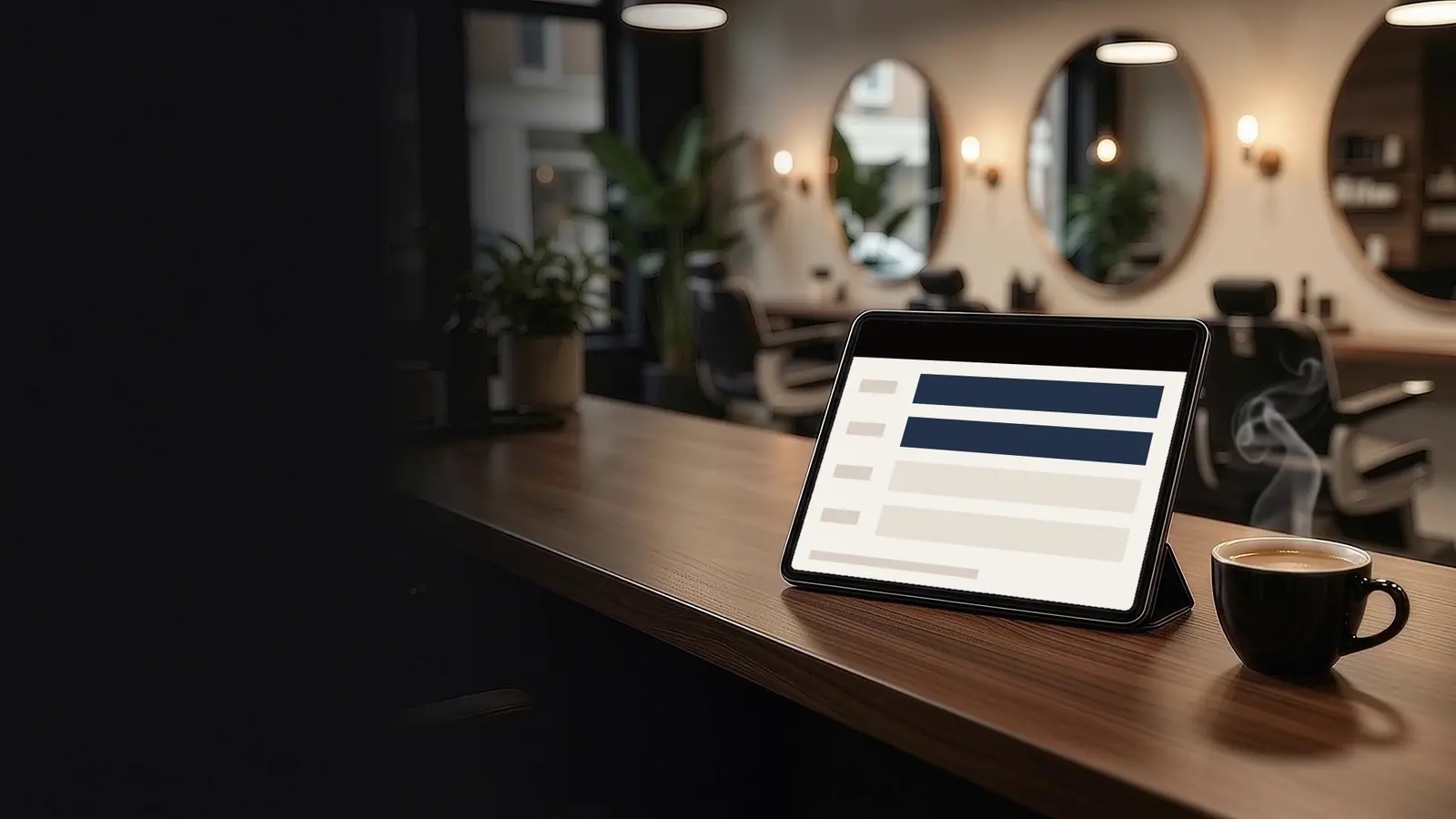 Een tablet met de online agenda op de toonbank van een barbershop, naast een dampende kop koffie