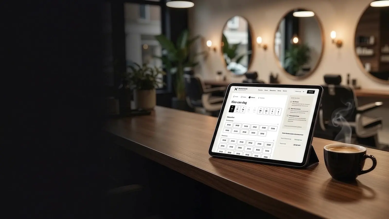 Een tablet met de online agenda op de toonbank van een barbershop, een nieuwe afspraak komt binnen naast een dampende koffie