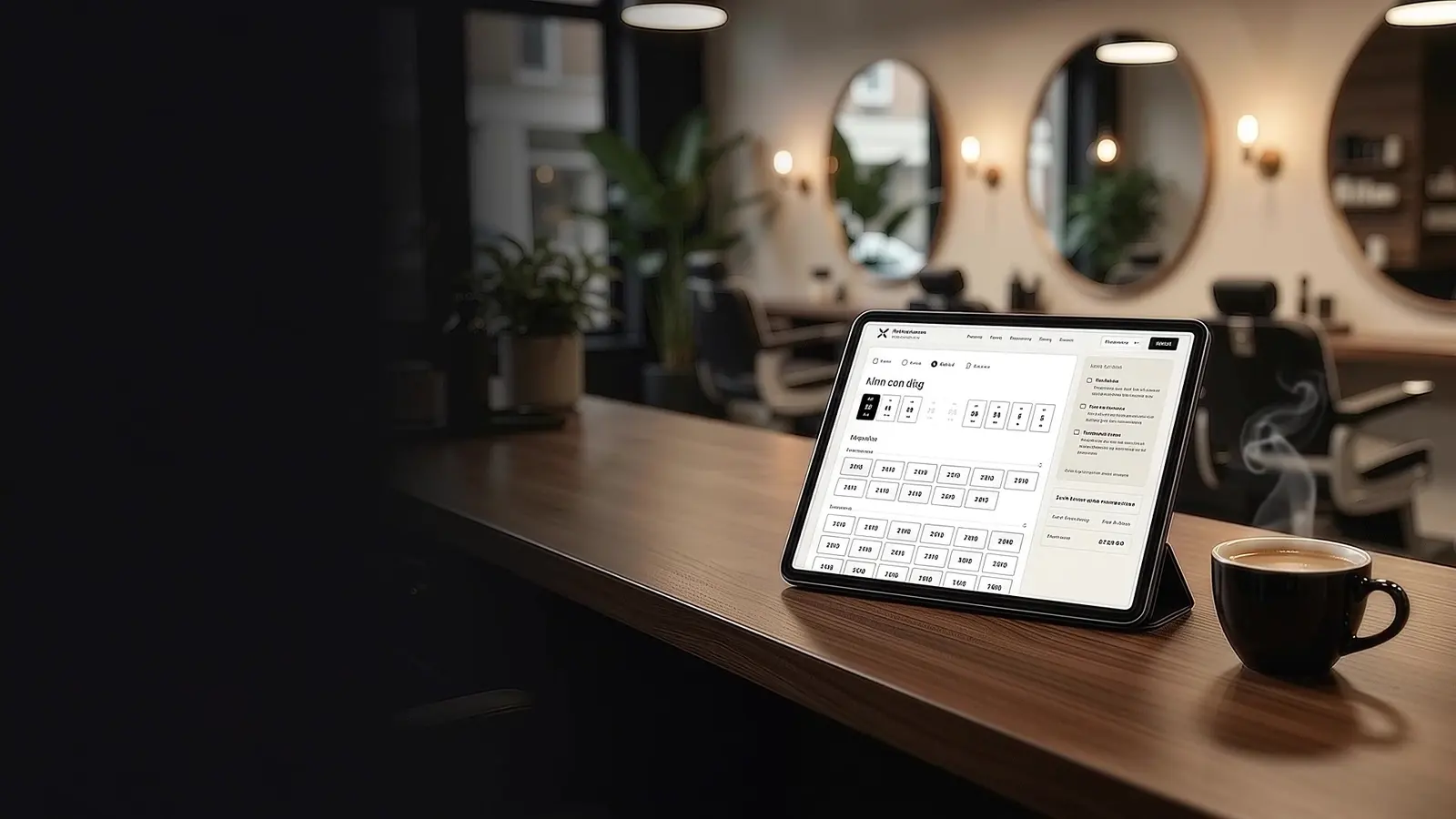 Een tablet met de online agenda op de toonbank van een barbershop, een nieuwe afspraak komt binnen naast een dampende koffie