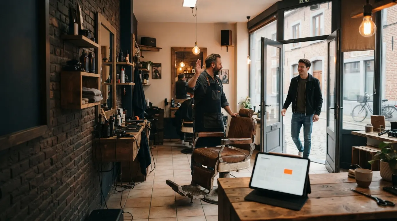 Een klant stapt een kapperszaak binnen; op de tablet op de toonbank staat zijn online geboekte afspraak