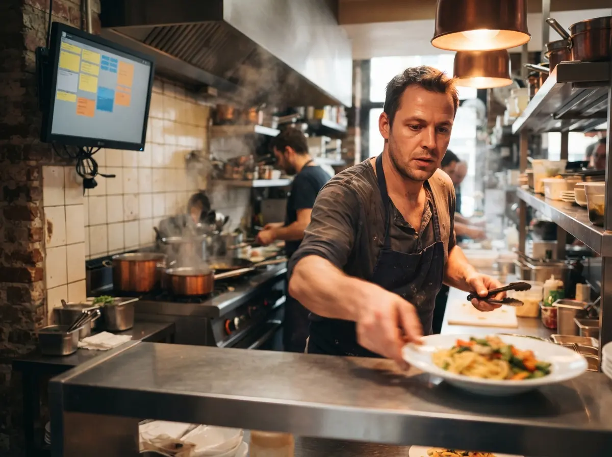 Een keuken waar een scherm de nieuwe bestellingen per tafel toont