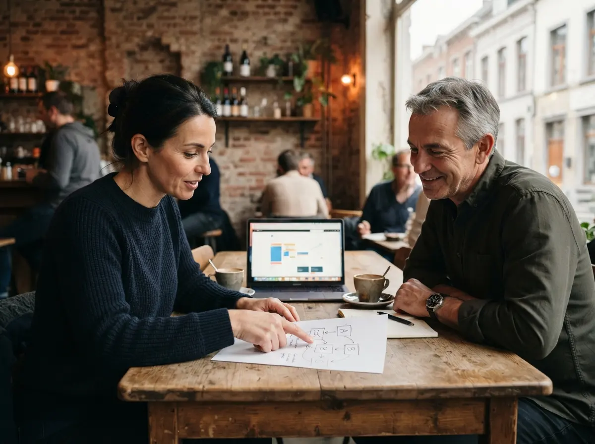Een gesprek aan tafel met een ondernemer: samen het plan voor een systeem uittekenen