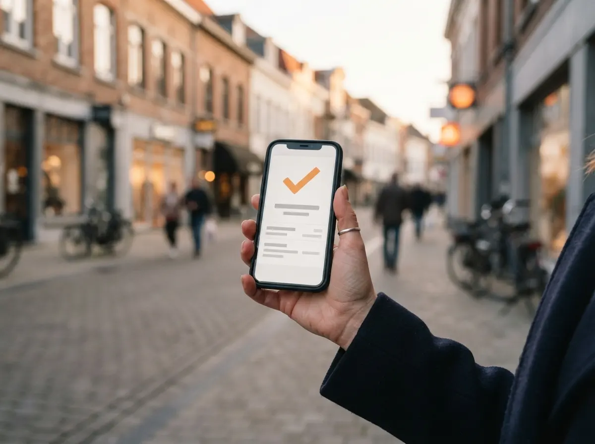 Een hand met een gsm waarop een afspraak net bevestigd is
