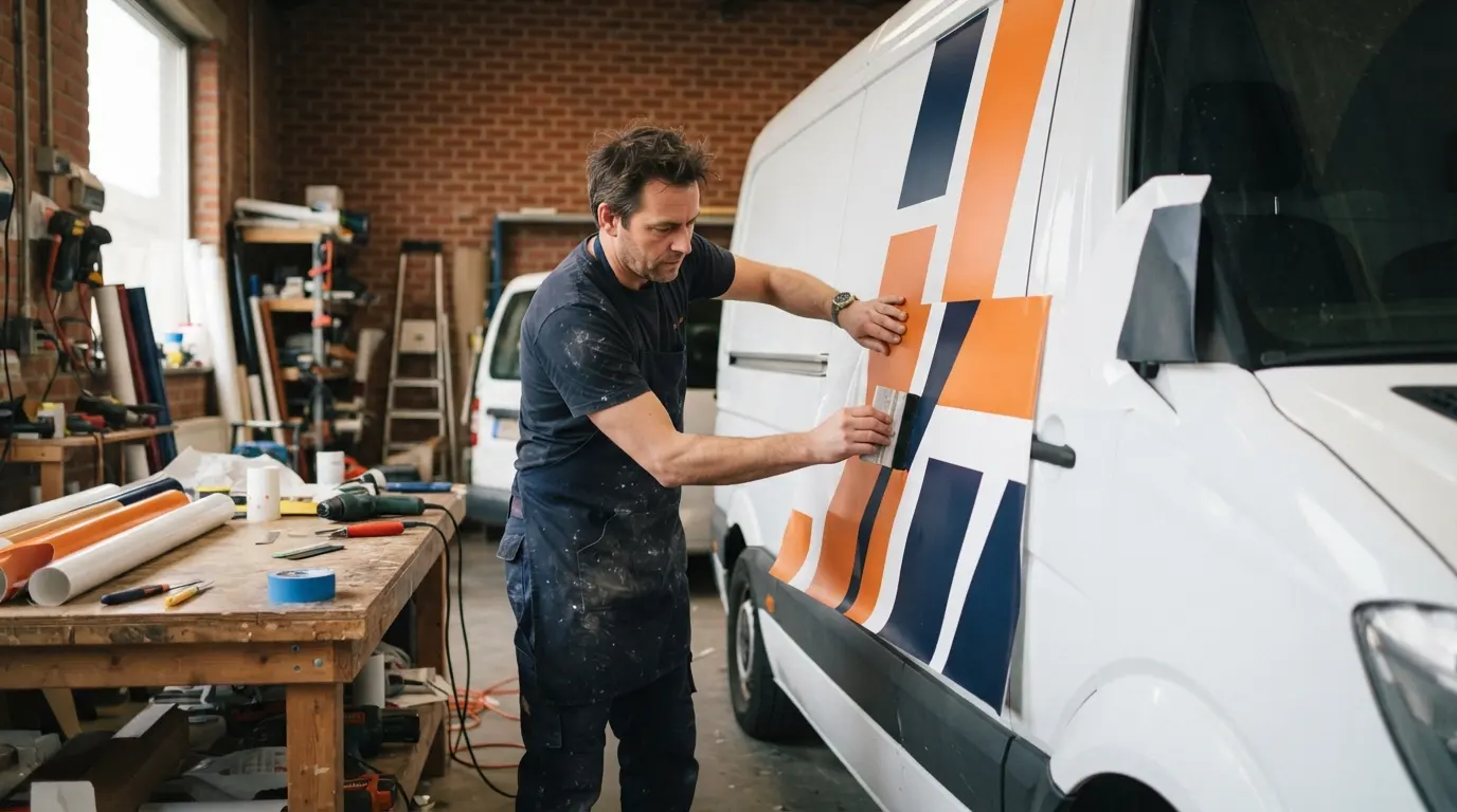 Een vakman brengt belettering aan op een witte bestelwagen