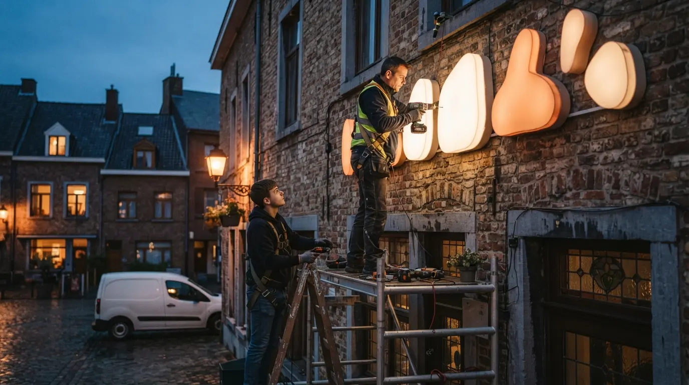 Twee plaatsers monteren verlichte doosletters op de gevel van een zaak
