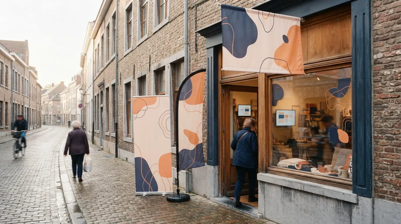 Een roll-up banner en een beachflag voor een kleine winkel in een Vlaamse straat