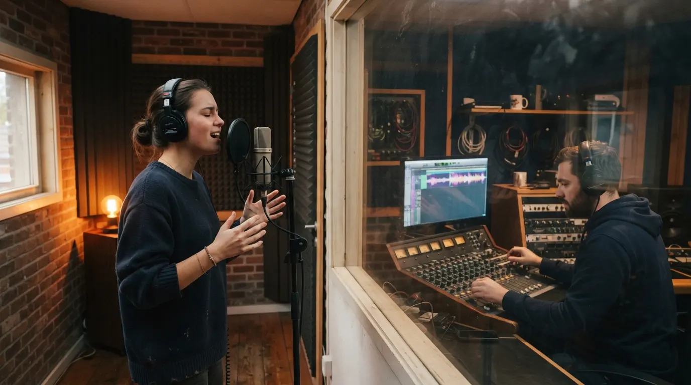 Een zangeres neemt een jingle op in een kleine opnamestudio
