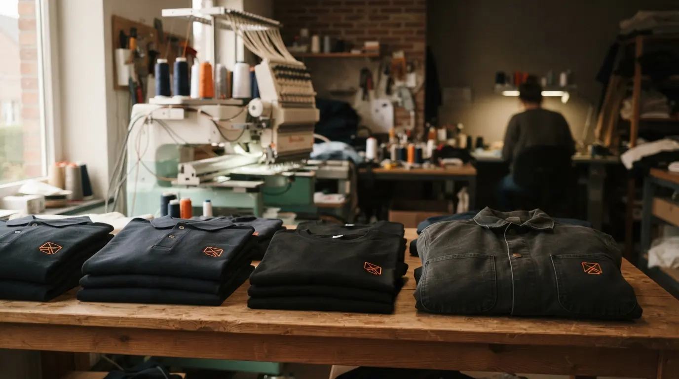 Bedrukte polo's, T-shirts en werkjassen met een geborduurd logo op een werktafel