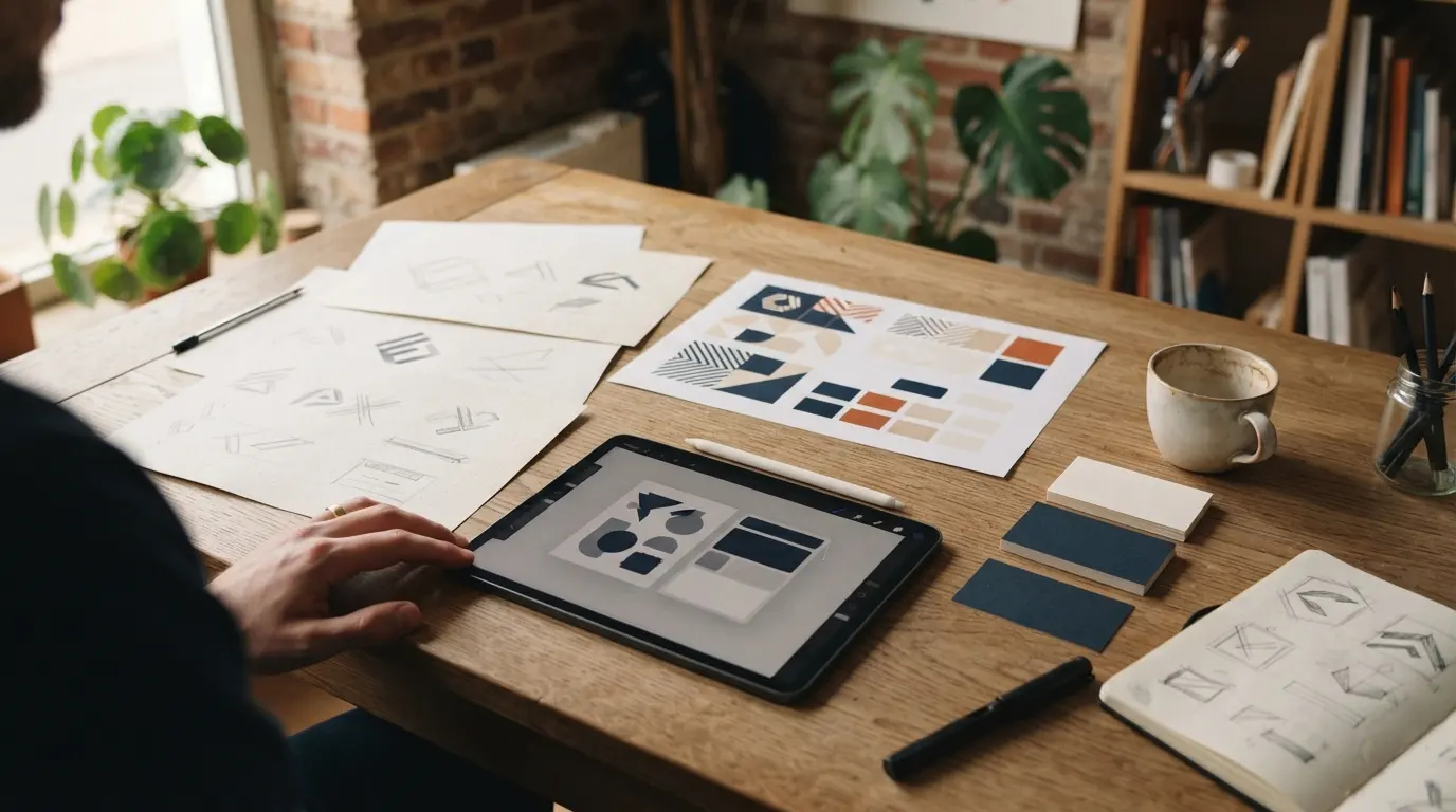 Een ontwerper werkt aan een logo en huisstijl met schetsen en kleurstalen