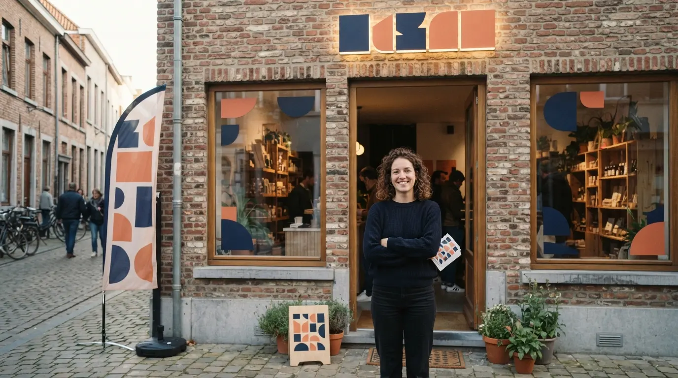 Een starter opent haar nieuwe zaak met nieuwe gevelbelettering, raamstickers en drukwerk