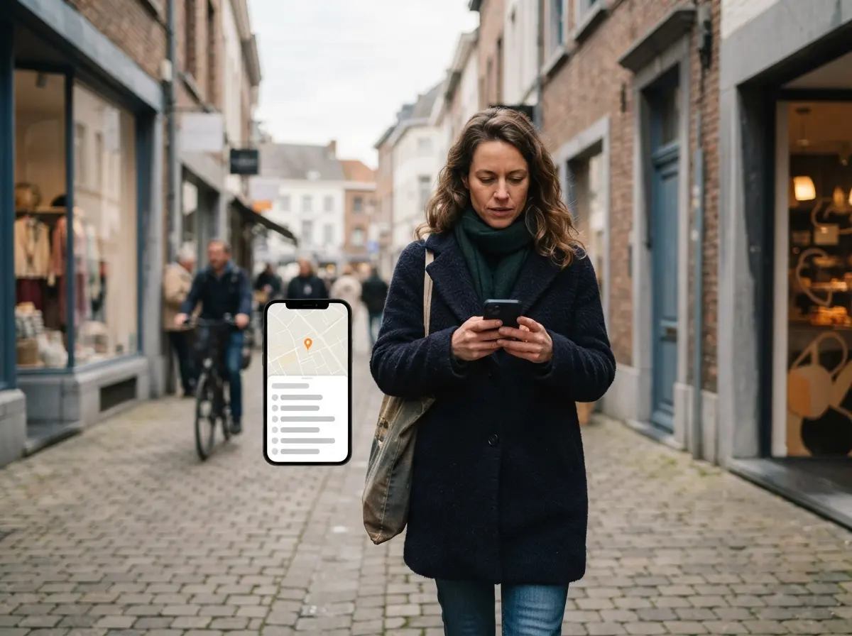 Iemand zoekt op straat met de gsm naar een zaak in de buurt