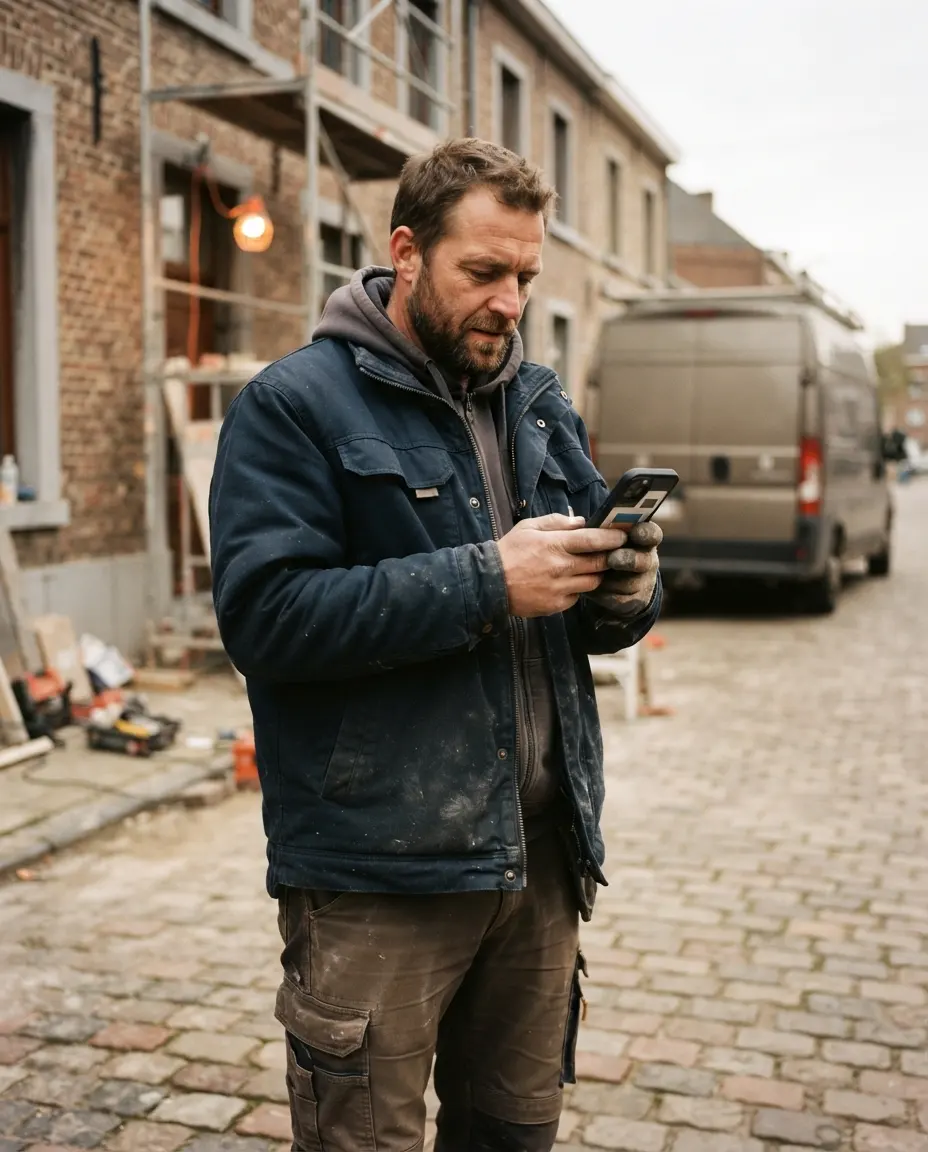 Een installateur op een werf met zijn gsm