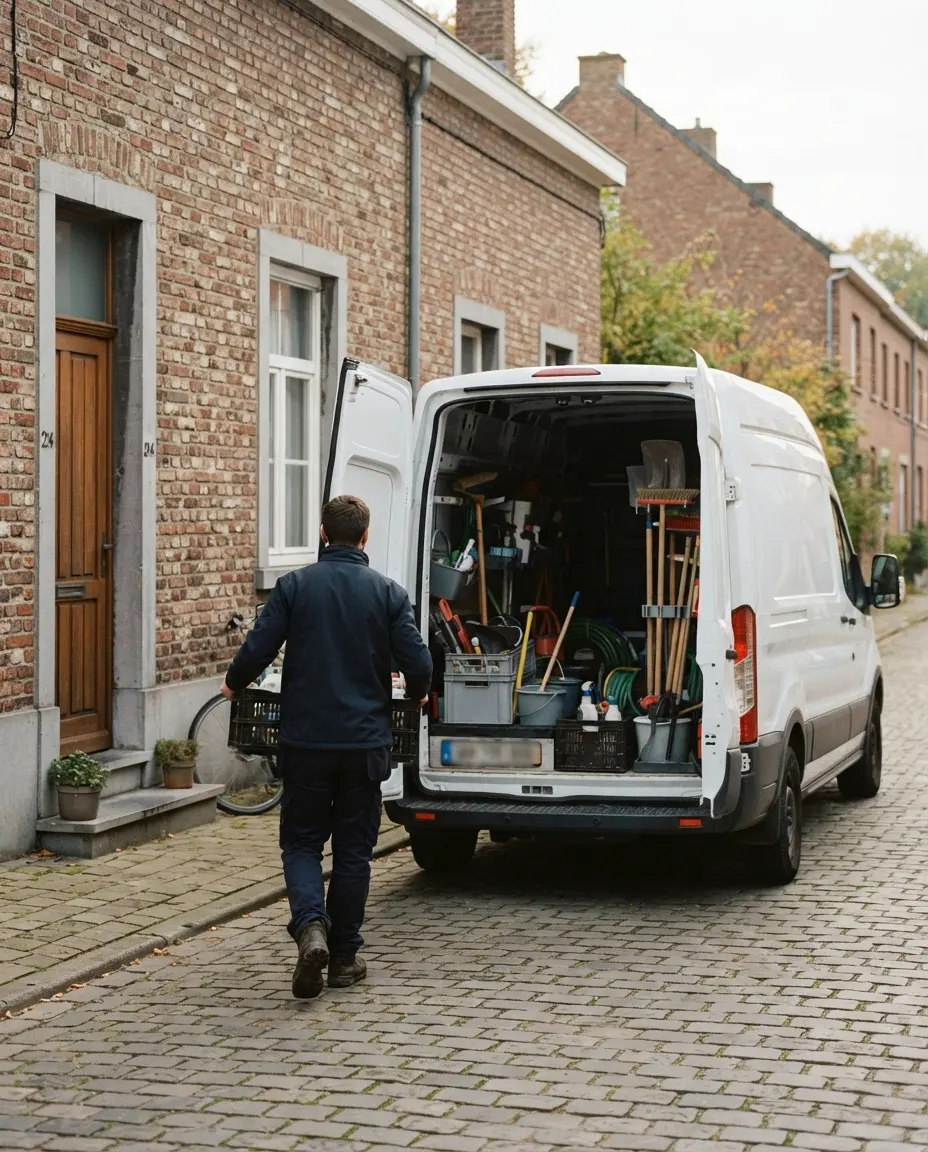 Een bestelwagen met materiaal voor een klus voor een woning