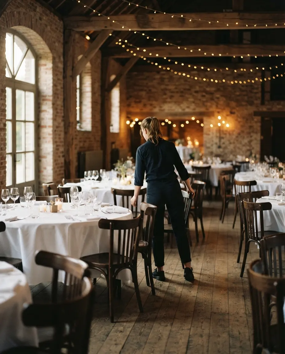 Een feestzaal met gedekte tafels vlak voor de gasten aankomen