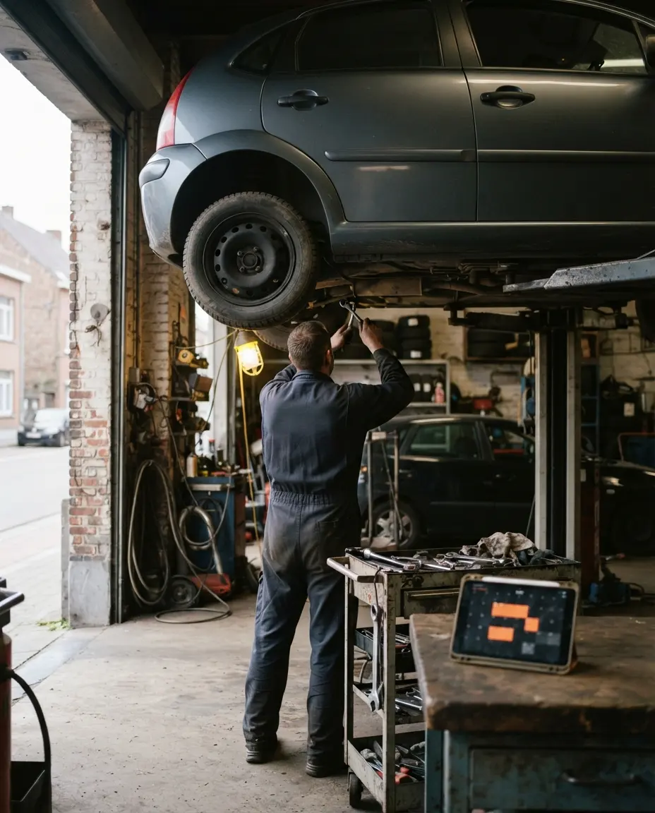 Een garage met een wagen op de brug en een tablet met de agenda op de werkbank
