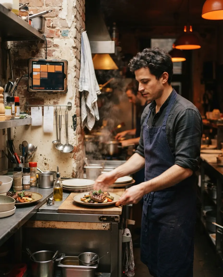 Een kok geeft een bord af aan de pass van een restaurant