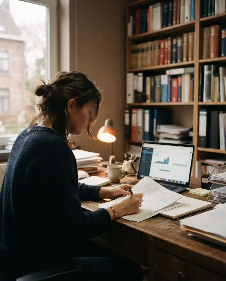 Een advocaat of boekhouder aan een bureau met documenten en een laptop