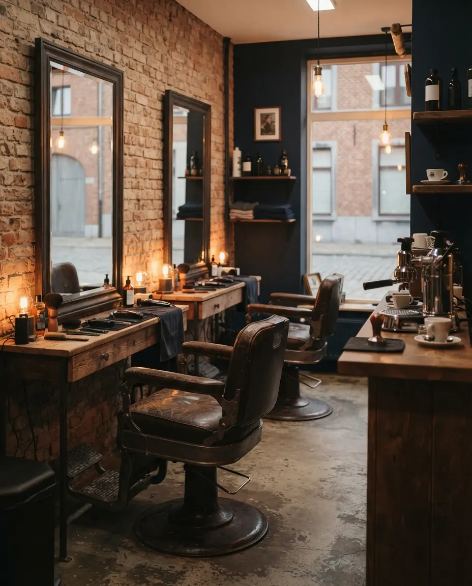 Een kapsalon met twee stoelen en een koffiebar