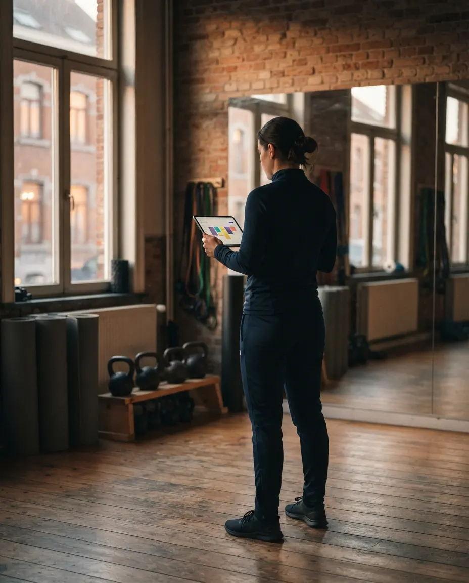 Een trainingsruimte waar een coach de planning op een tablet bekijkt