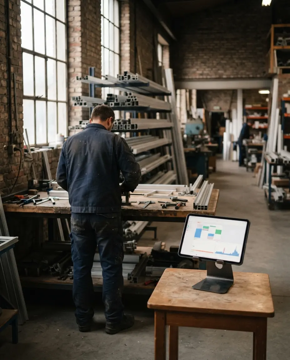 Een productiehal met profielen in rekken en een tablet op de werktafel