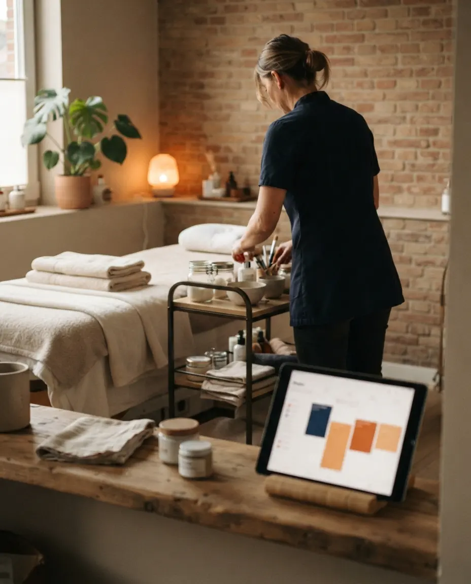 Een behandelruimte in een schoonheidssalon, met een tablet met de agenda op het werkblad