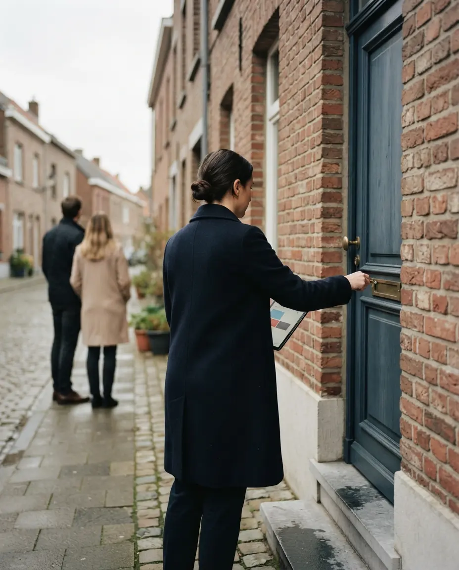 Een makelaar opent de voordeur van een rijwoning voor een bezichtiging