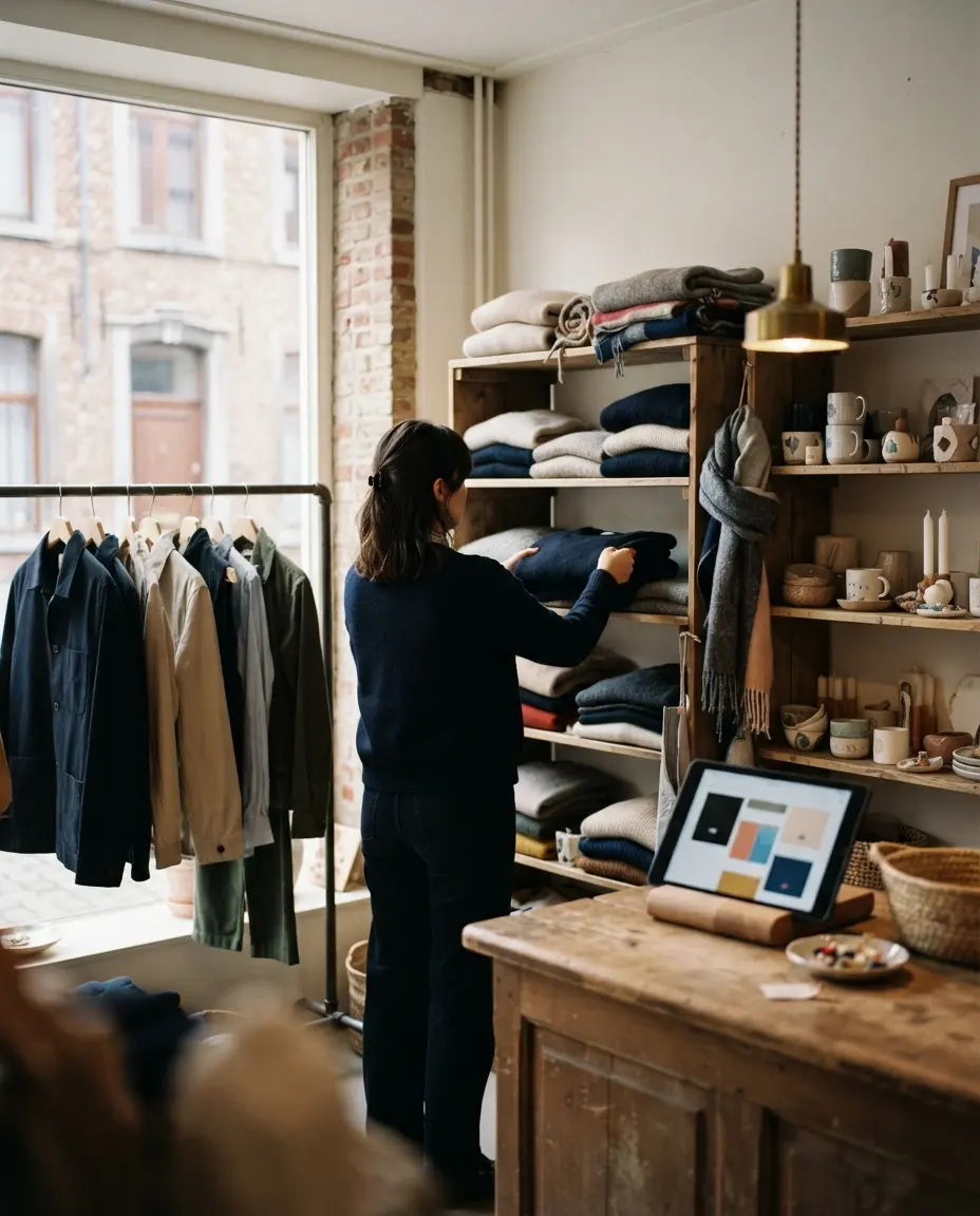 Een zelfstandige winkel met een houten toonbank en een tablet als kassa