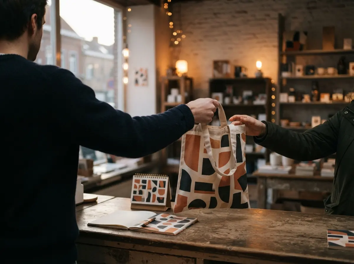 Over een toonbank reikt een hand een bedrukte katoenen tas aan een klant, met een kalender en een notitieboek ernaast
