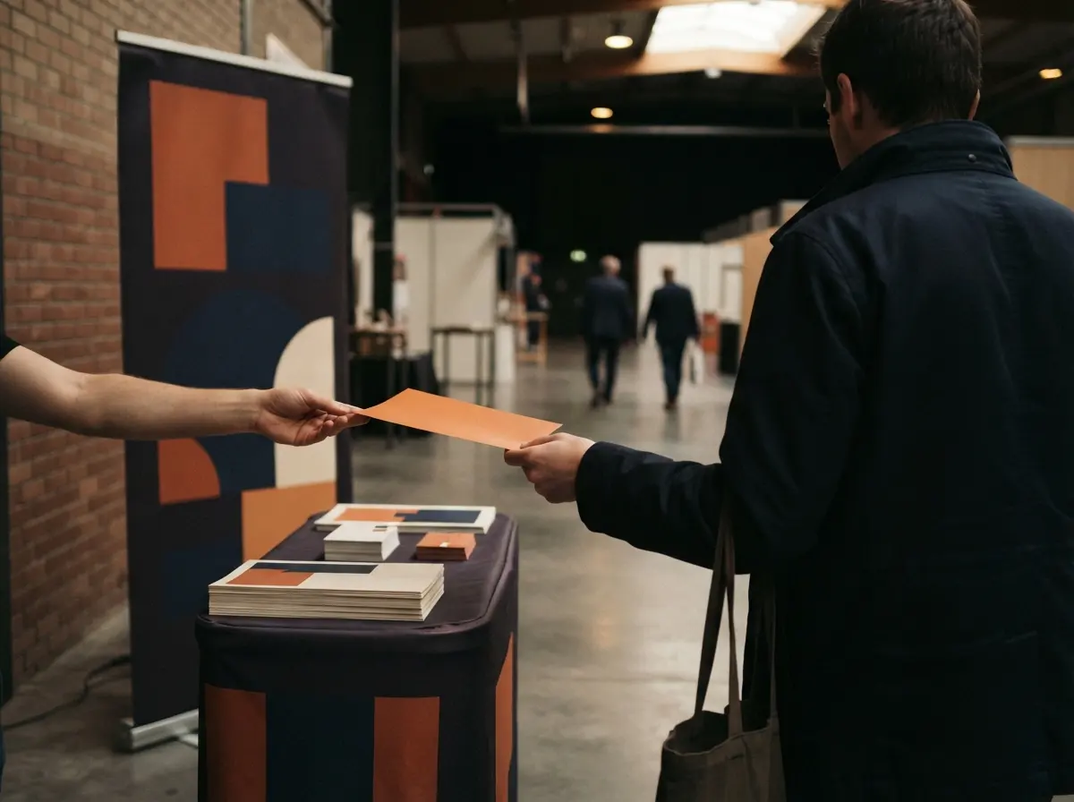 Een stand op een beurs met een roll-up banner en een balie, een bezoeker neemt een flyer aan