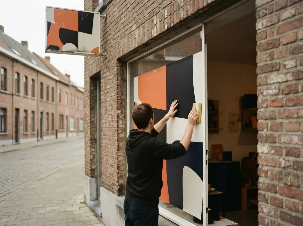 Twee handen strijken een raamsticker glad op de etalage van een zaak, met een bord op de gevel erboven