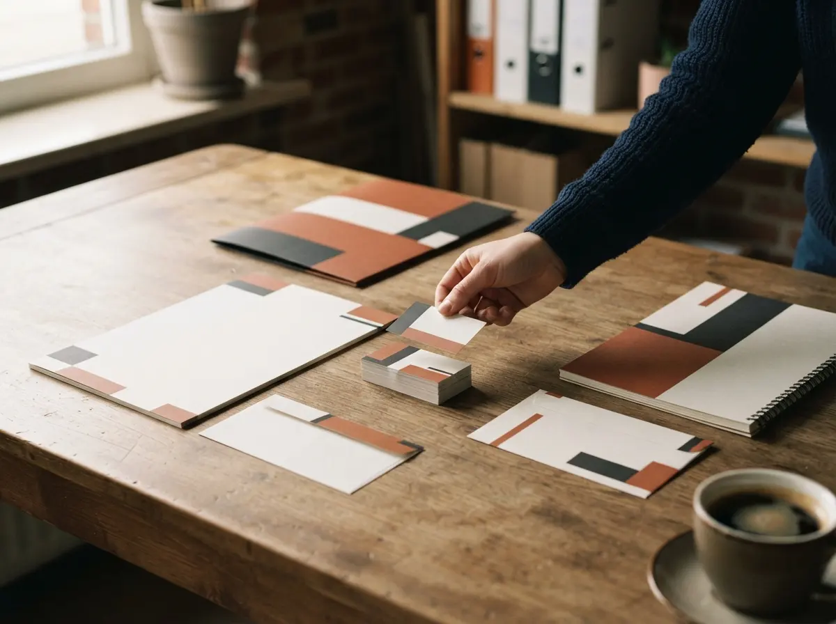 Visitekaartjes, briefpapier, enveloppen en een map in dezelfde huisstijl op een bureau, een hand legt een kaartje neer