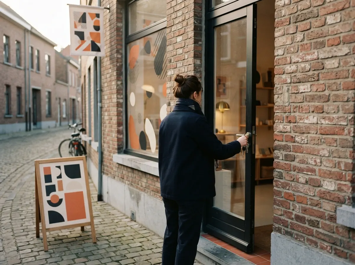 De ochtend van een opening: een ondernemer ontgrendelt de deur van een nieuwe zaak met raamstickers en een stoepbord
