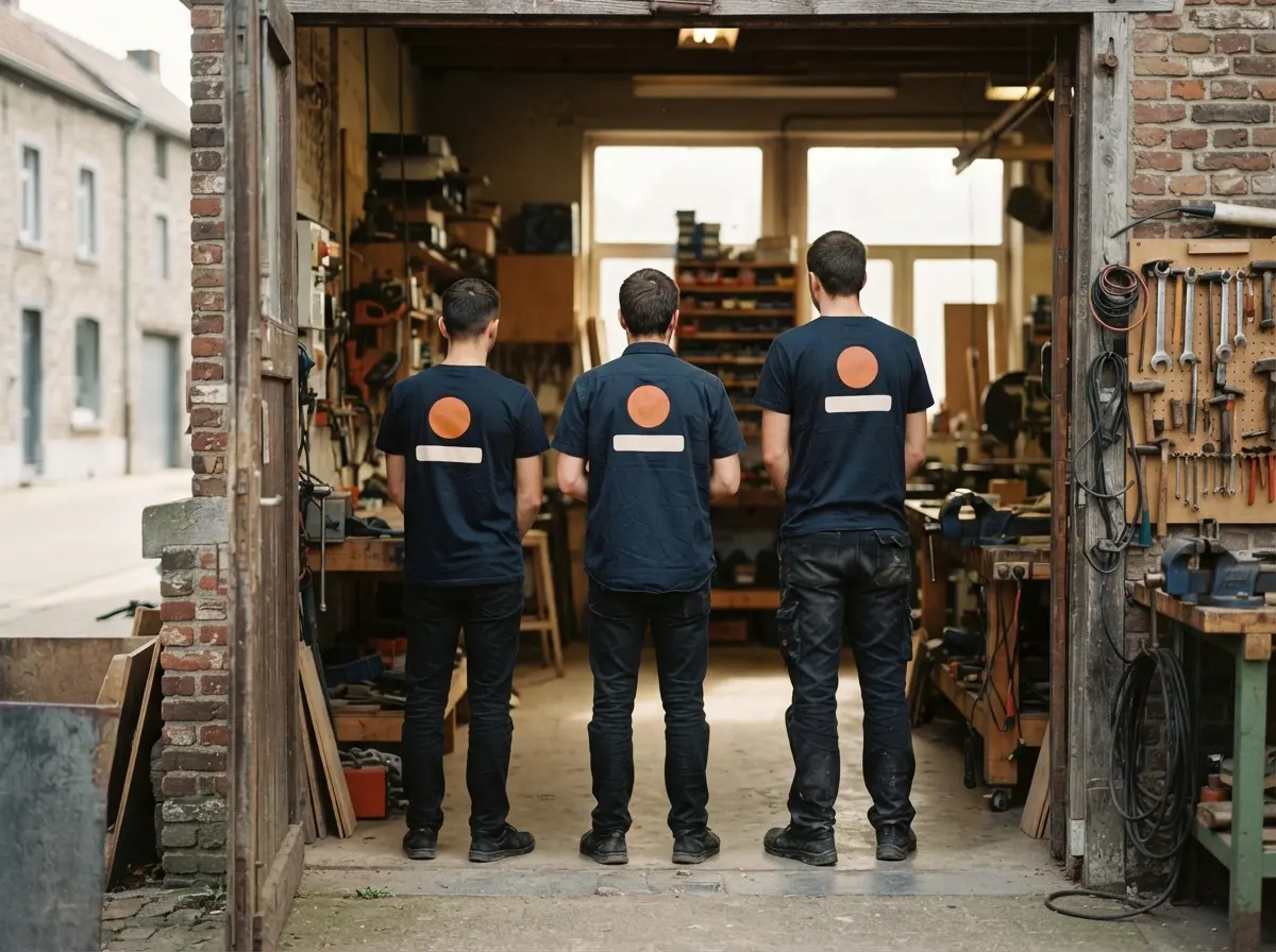 Drie collega's in hetzelfde bedrukte T-shirt, van achteren gezien in de poort van een werkplaats