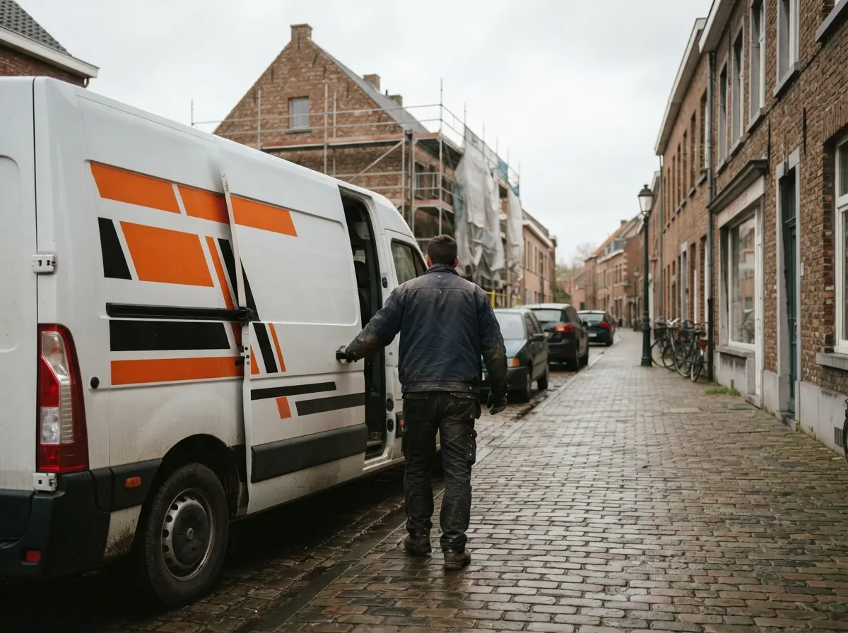 Een witte bestelwagen met belettering in kleurvlakken, een vakman opent de schuifdeur